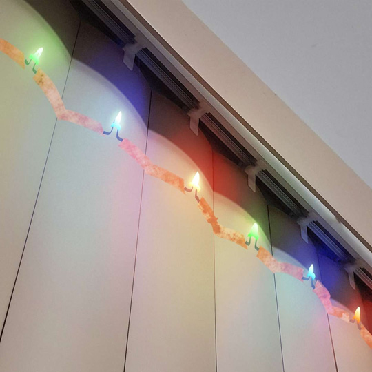 The circuit in its on state. This design also has some potential to be customized since the colored LEDs can be arranged in any way possible without any difficulties, making this circuit functional and decorative