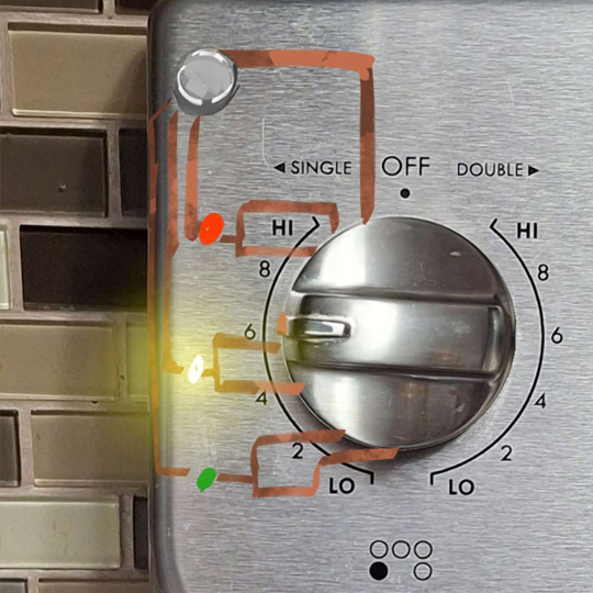Mockup of the circuit. If possible, as much of the tape would be placed on the side to make it look less cluttered, and the battery would be placed within specific material to protect it from heat