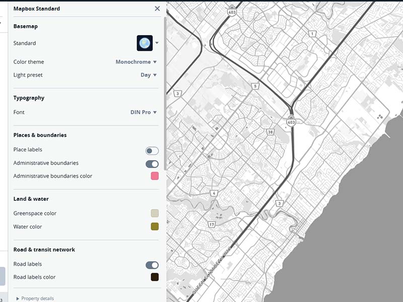 This is a monochrome versuon of the map around Oakville. When I look at this it reminds me of printed maps and even newspaper. The color theme is set to monochrome, but if I were to make a map myself like this, I could bring attention to certain areas by adding color to them so they stand out.