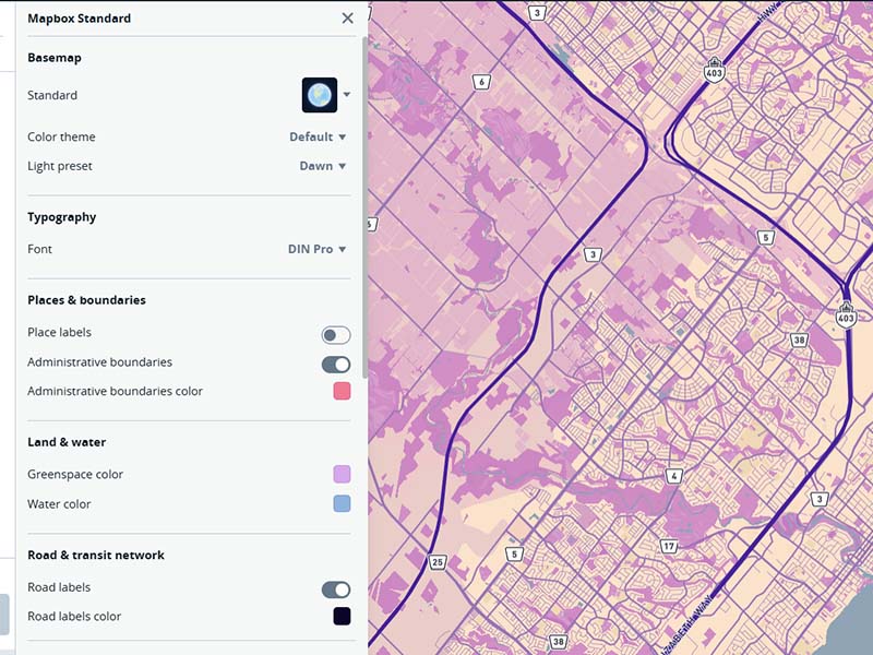 I tried to push what colors I could make the map and ended up using a pastel pink/blue/purple combination since I don't see maps come is colour. The screenshot is zoomed in an area with a lot of green space so purple is the dominant color. To compliment this, I made the roads a darker purple to match.
