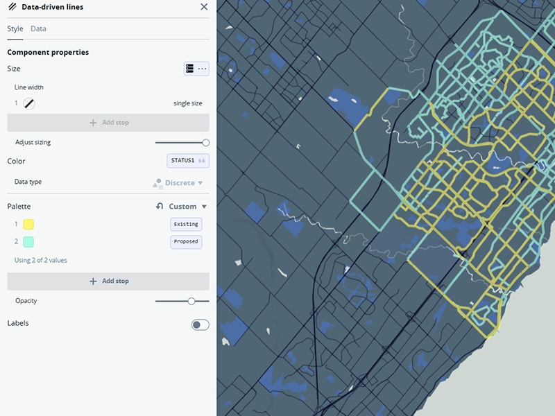 This was created by using the cycling data GeoJson file provided in the tutorials. I applied to a map I created to test out brighter colours on and edited the palette accordingly.