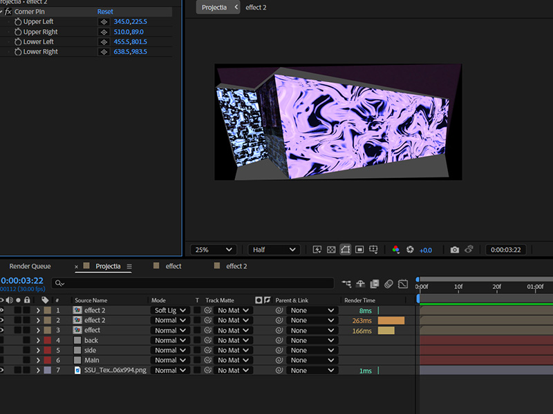 This is an image of everything put together in the timeline. The designs pasted fine, and for the side wall I used the blue pattern set to soft light to make it look like the back wall is being reflected onto the side wall. 