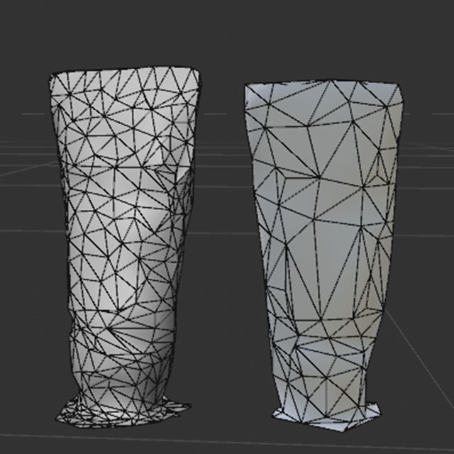 This is just a comparison of the differnt polygon reduction settings, with the left one at 95 and the right on at 97. I had to find a good compromise in order to maintain the model's form for before editng.